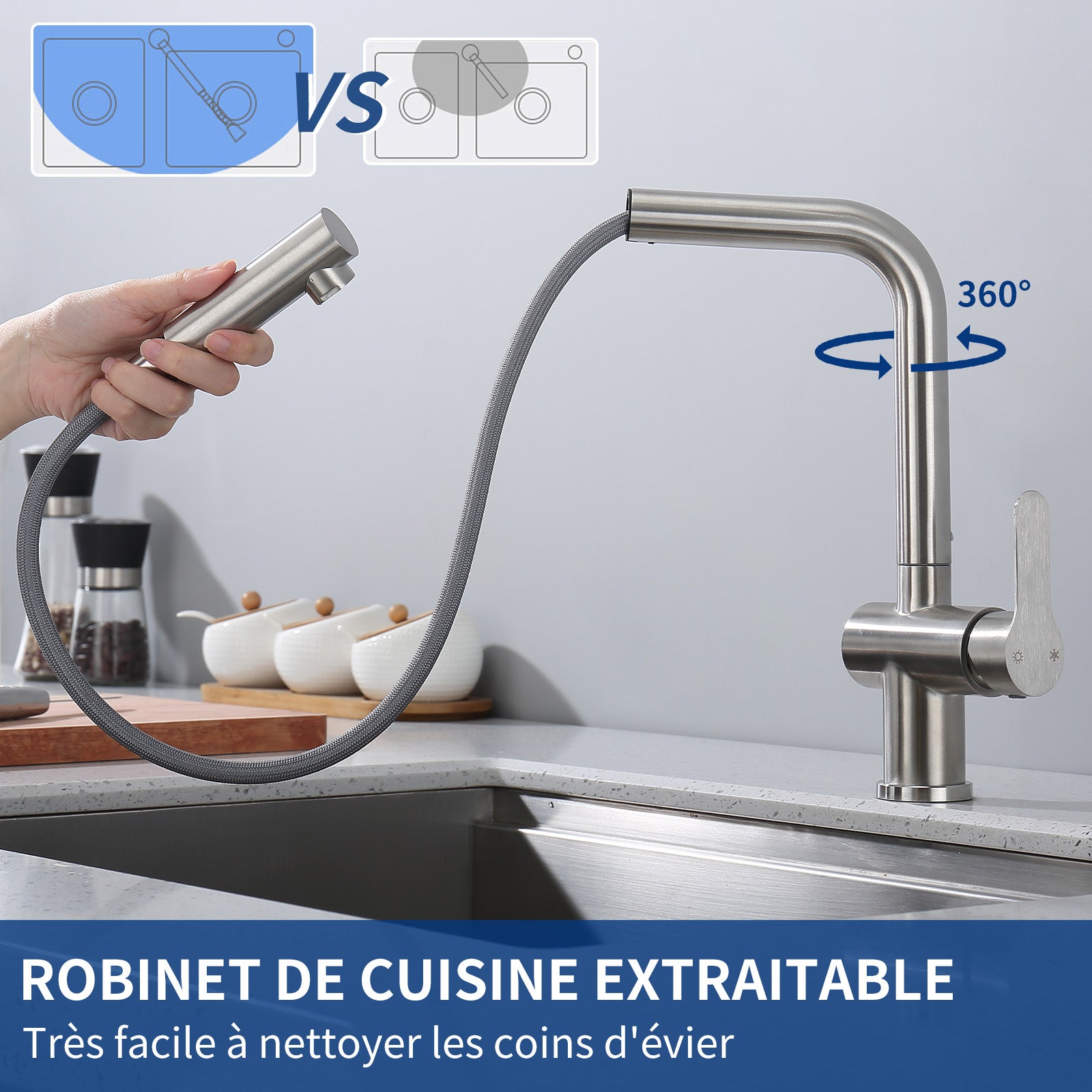 Brossé Robinetterie Escamotable Cuisine Inox Mitigeur Cuisine Douchette pour Evier Pivotant à 360° Homelody