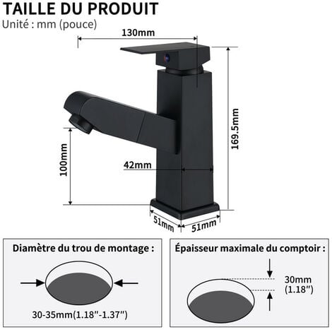 Homelody Robinet Salle de Bain avec Douchette Extractible Mitigeur de Lavabo  avec un Jet Mitigeur Salle de Bain en Acier Inox Noir