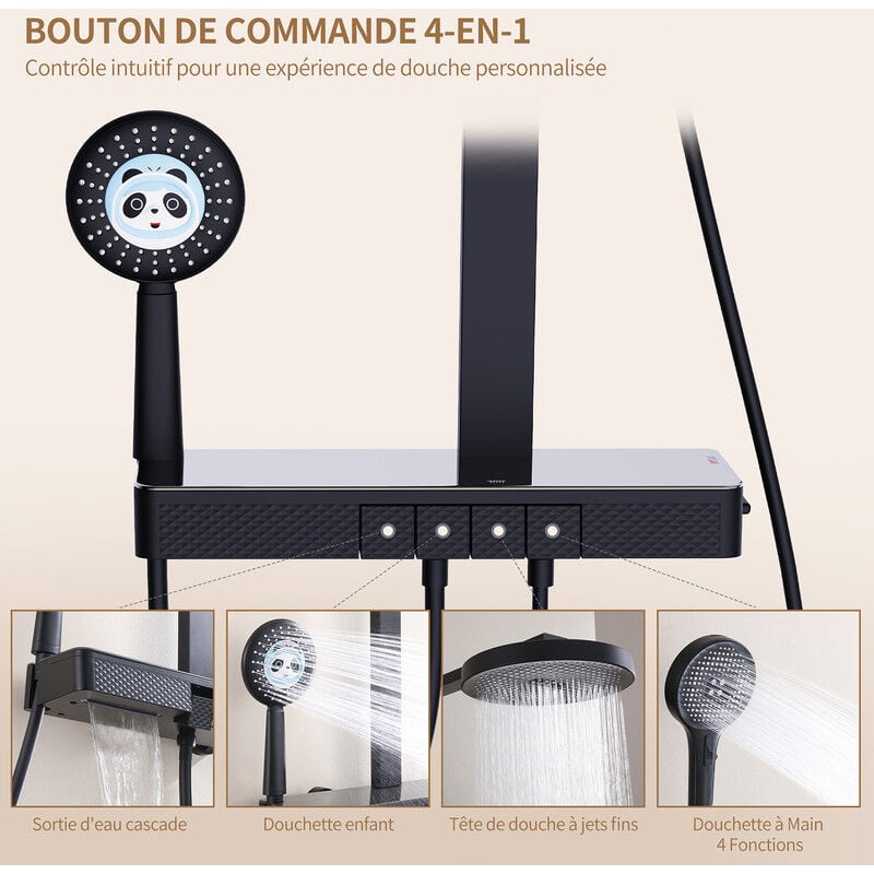 Homelody Colonne de douche thermostatique,Ensemble de colonne de douche avec plaque thermostatique de 40 cm,douchette à main avec 4 modes,Rond Douche de tête effet pluie 35cm,Douchette enfant,sortie d'eau