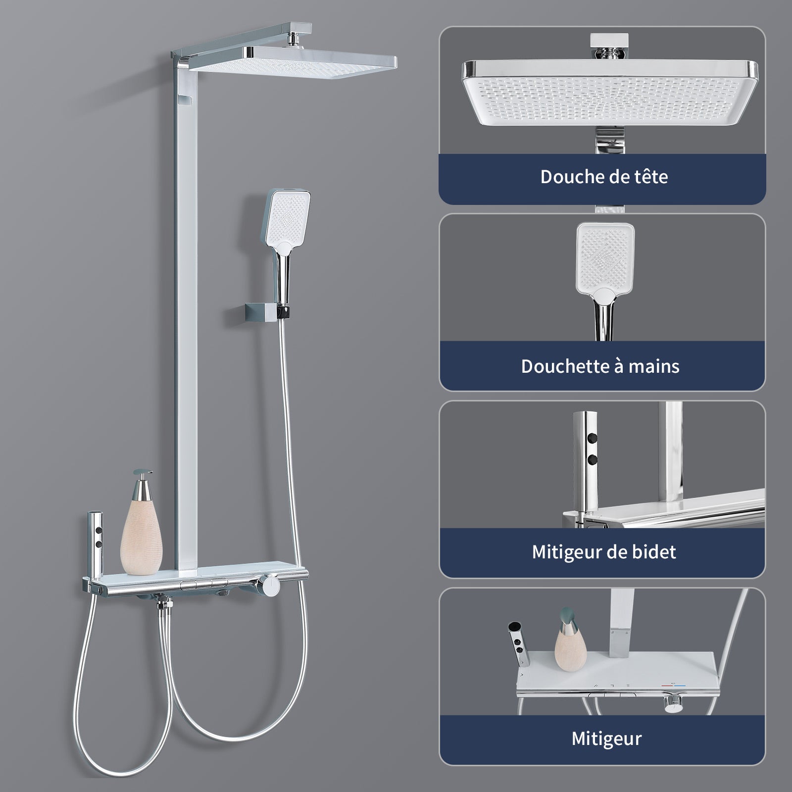 Homelody Colonne de Douche Thermostatique 40℃ avec Plateau de Rangement Ensemble de Douche en Laiton Chromé Kit de Douche 4 Fonctions Design Moderne