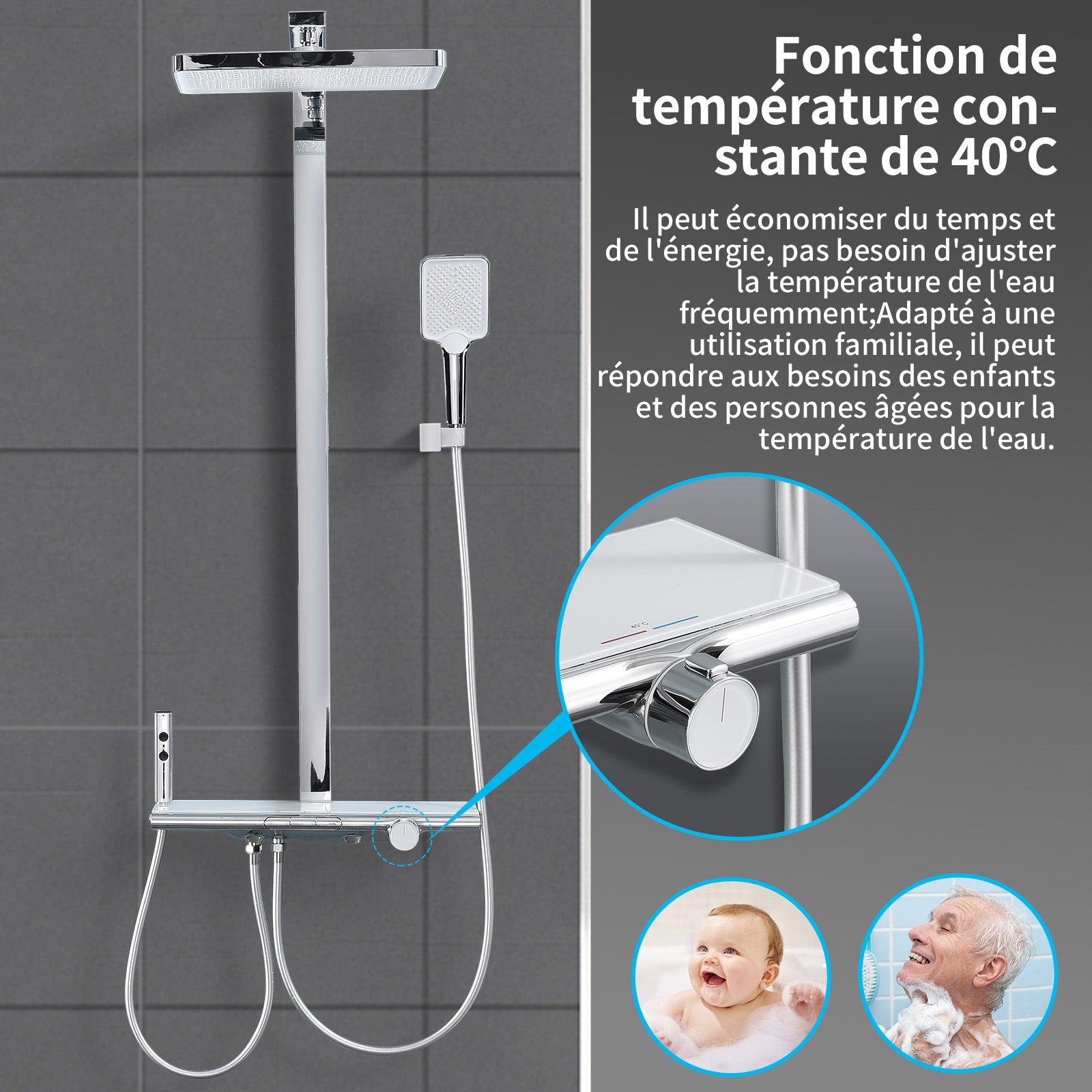 Homelody Colonne de Douche Thermostatique 40℃ avec Plateau de Rangement Ensemble de Douche en Laiton Chromé Kit de Douche 4 Fonctions Design Moderne