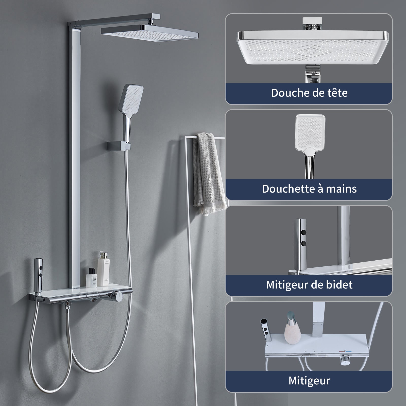 Homelody Colonne de Douche Thermostatique 40℃ avec Plateau de Rangement Ensemble de Douche en Laiton Chromé Kit de Douche 4 Fonctions Design Moderne