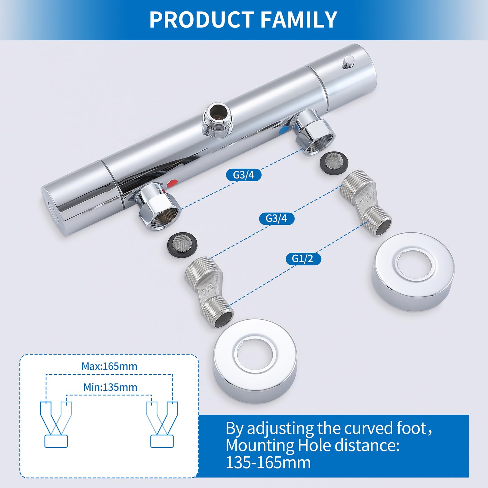 HOMELODY Système de douche avec thermostat chromé, mitigeur de douche en acier inoxydable avec douchette en ABS, pommeau de douche, barre de douche réglable