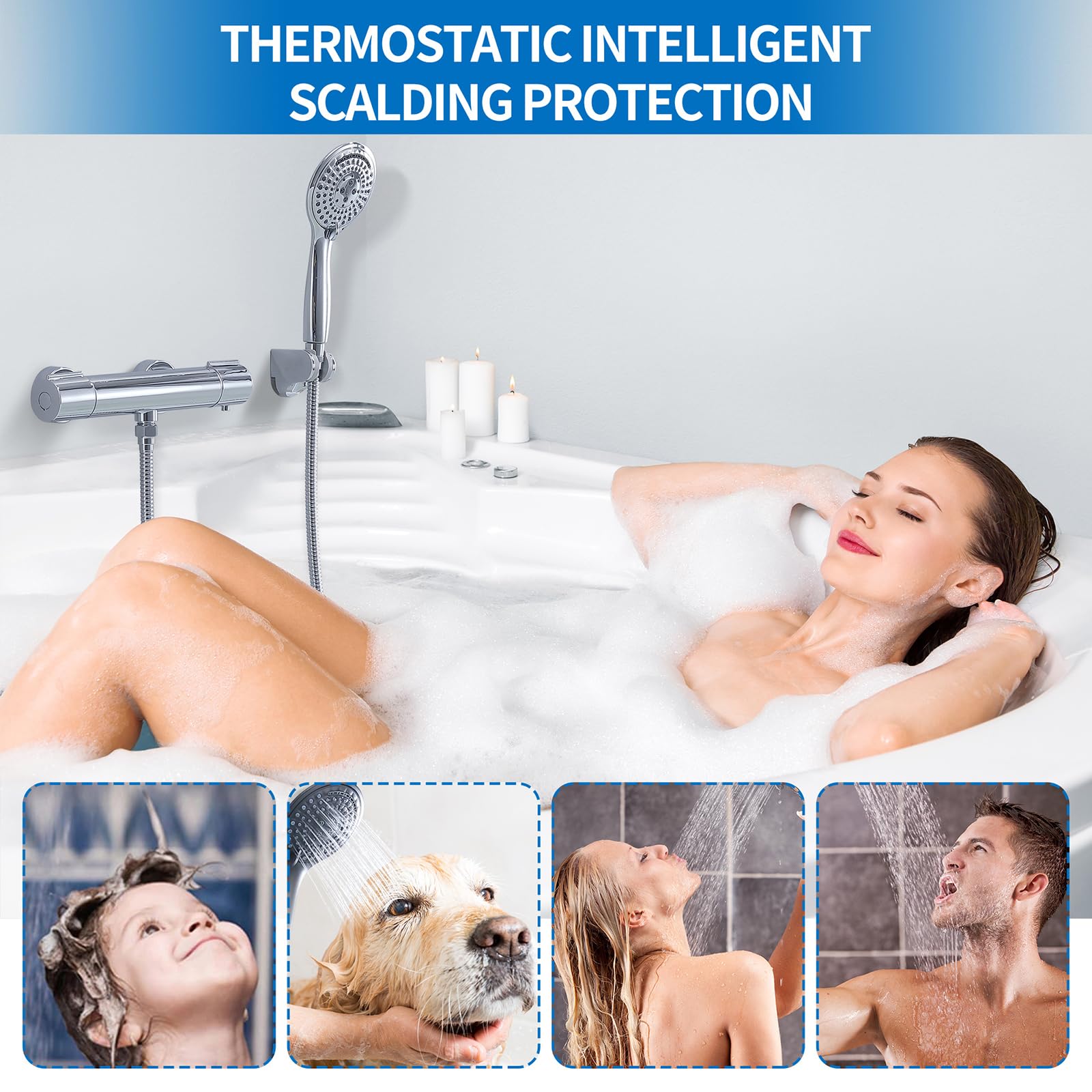 HOMELODY Système de douche avec thermostat chromé, mitigeur de douche en acier inoxydable avec douchette en ABS, pommeau de douche, barre de douche réglable