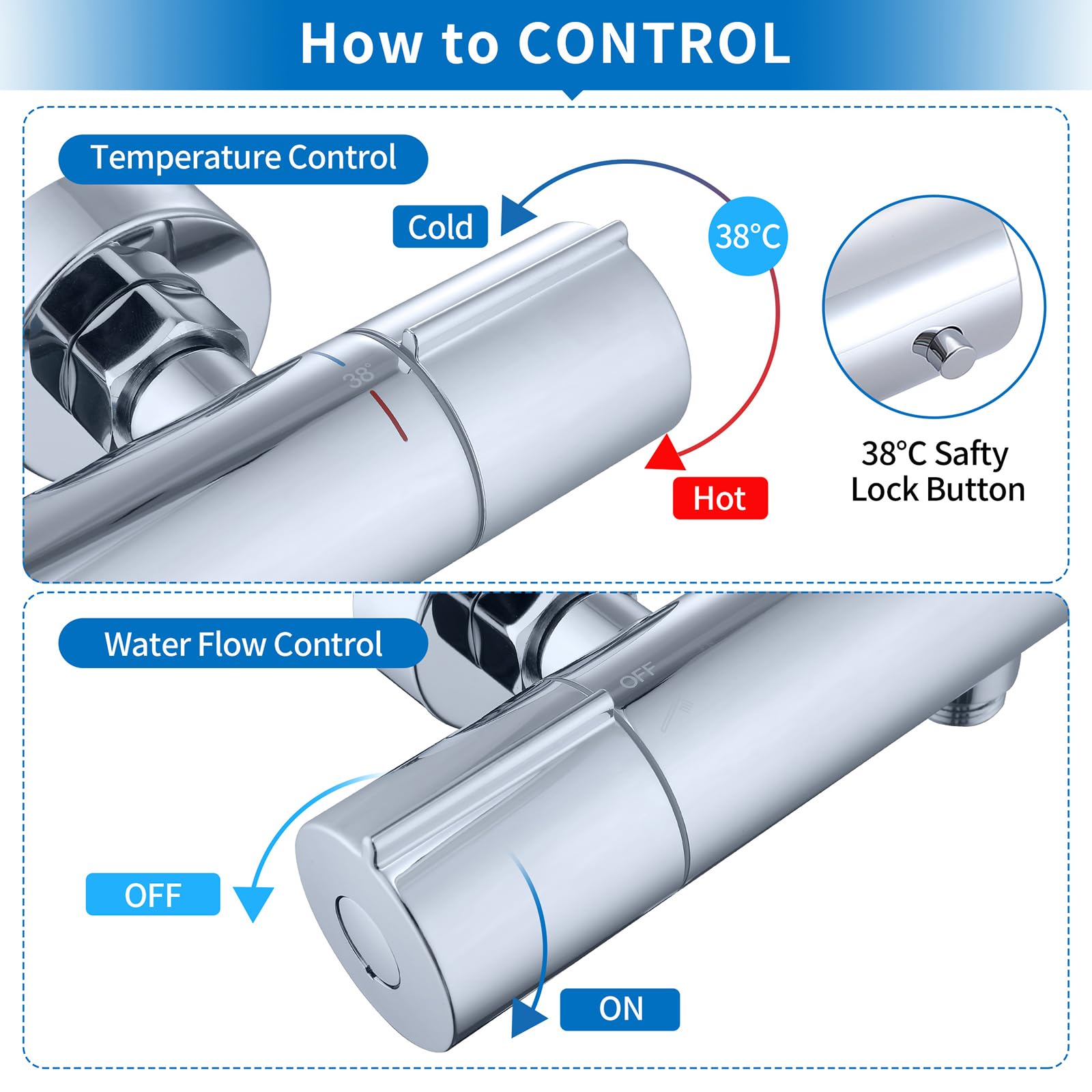 HOMELODY Système de douche avec thermostat chromé, mitigeur de douche en acier inoxydable avec douchette en ABS, pommeau de douche, barre de douche réglable