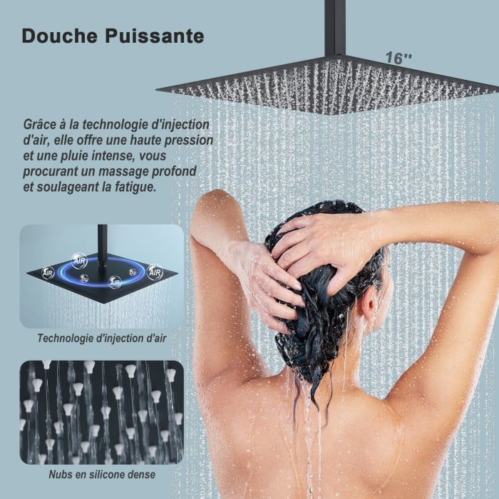 Homelody Colonne de Douche Thermostatique à Encastrer Kit de Douche Colonne de Douche Encastrée Noir Ensemble de Douche  Avec 16 Pouces Tête de Douche  Corps en Laiton Monté au Plafond