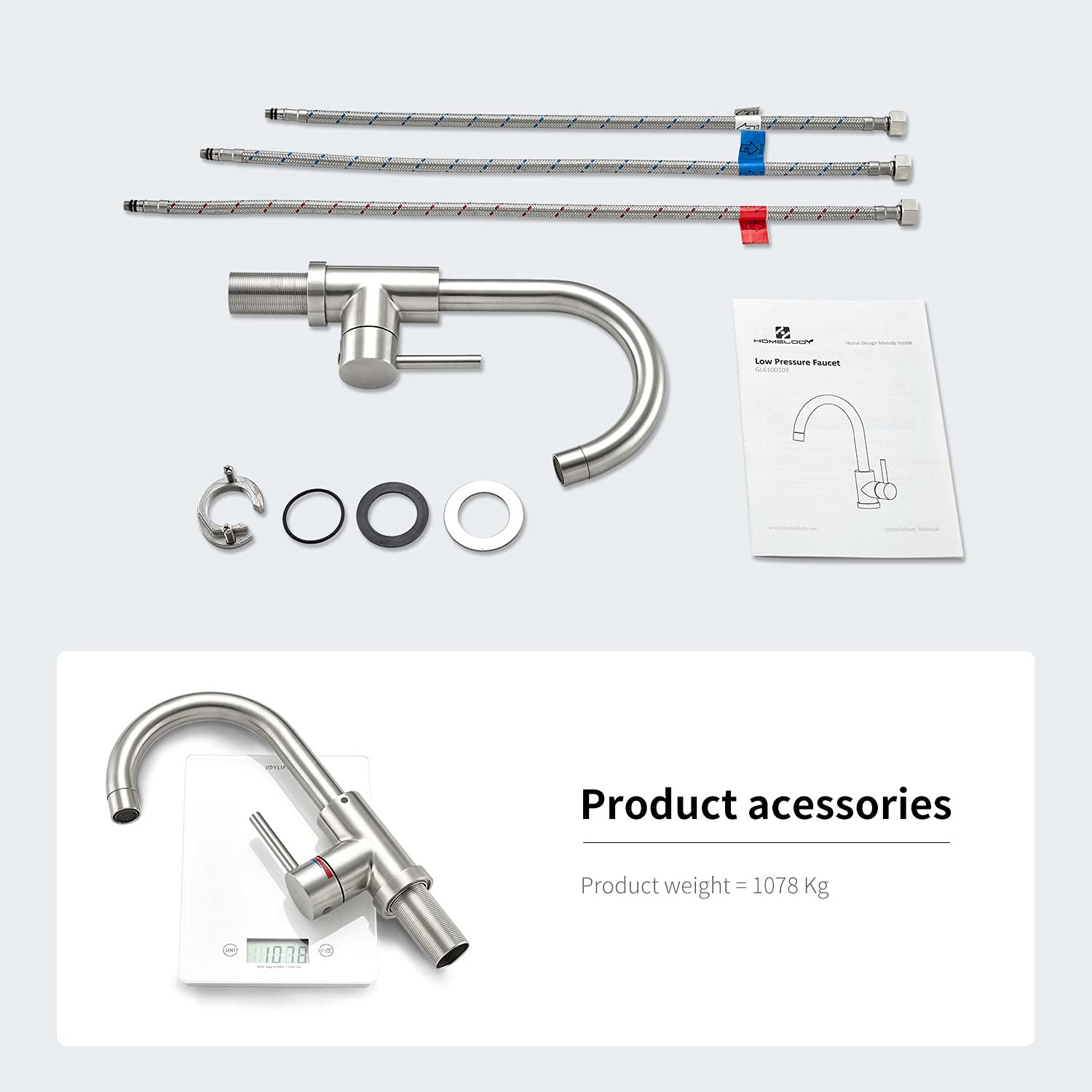 HOMELODY Robinet de salle de bain/cuisine à basse pression rotatif à 360° Robinet de salle de bain Robinet de cuisine Mitigeur monocommande Mitigeur de lavabo en acier inoxydable