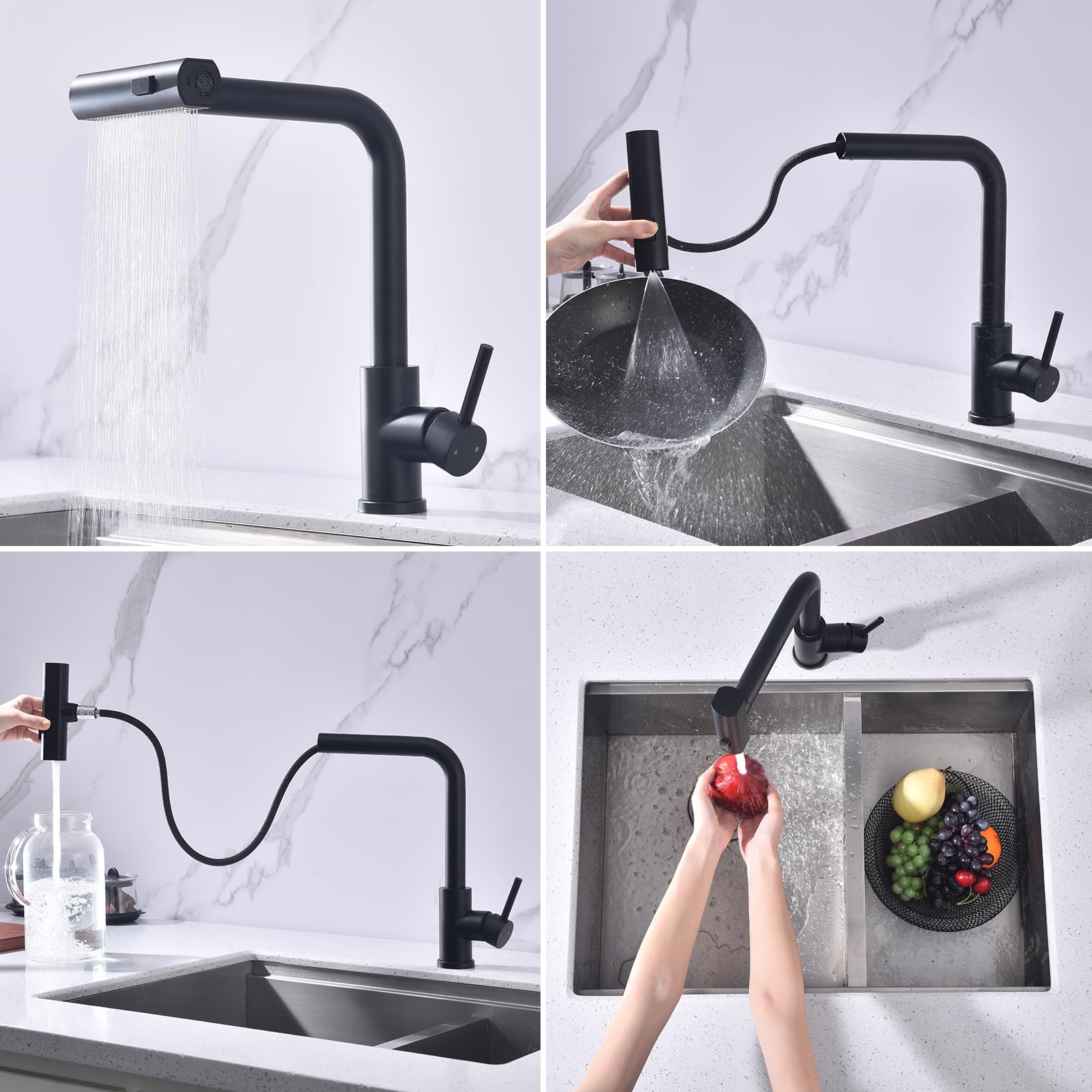 HOMELODY Robinet de cuisine noir extensible avec 3 types de jets, robinet d'évier avec douchette, robinet de cuisine pivotant à 360°, mitigeur de cuisine en acier inoxydable