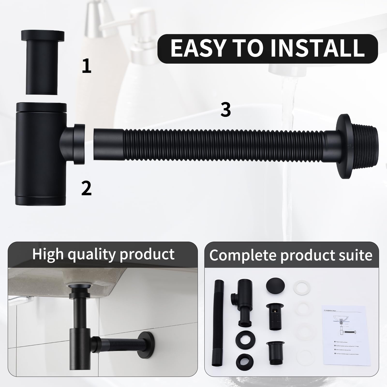 HOMELODY Siphon lavabo avec bonde à valve pop-up pour, siphon universel en laiton avec bouchon de lavabo et ouverture de nettoyage